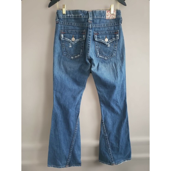 True Religion Jeans Women’s 27 Blue  Bell Bottom Distressed 100% Cotton - Picture 7 of 10